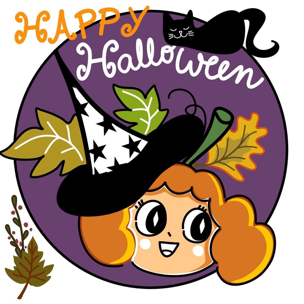 happy halloween pumpkin girl cartoon hand drawn card vector