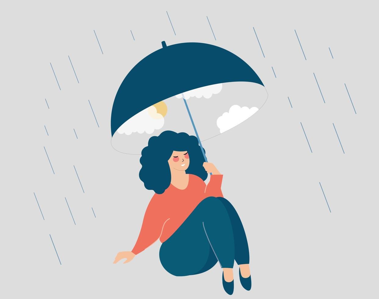 mujer se cubre de la lluvia. niña feliz sosteniendo un paraguas. vector