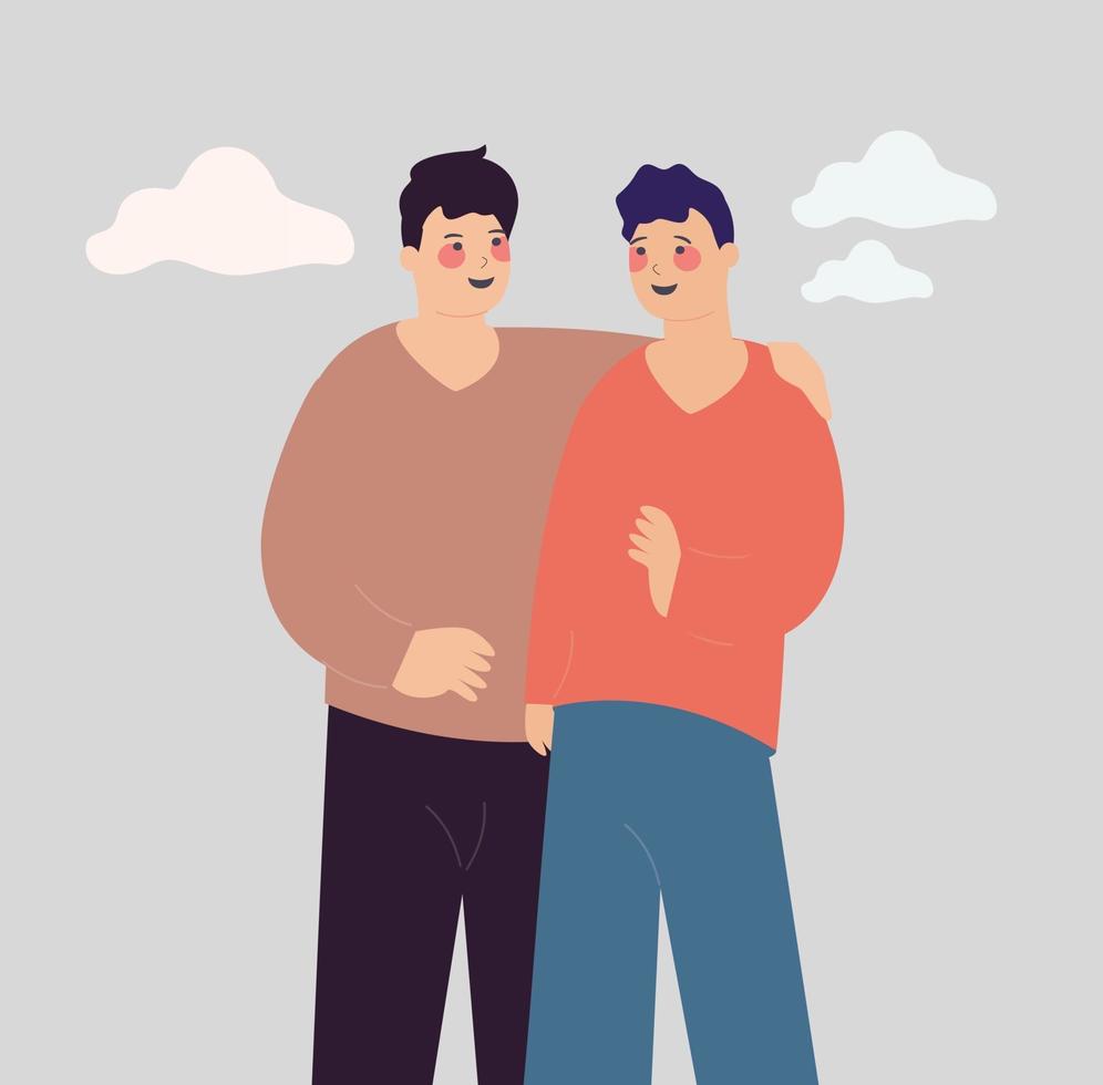 Two young men hug each other and have a funny conversation. Vector