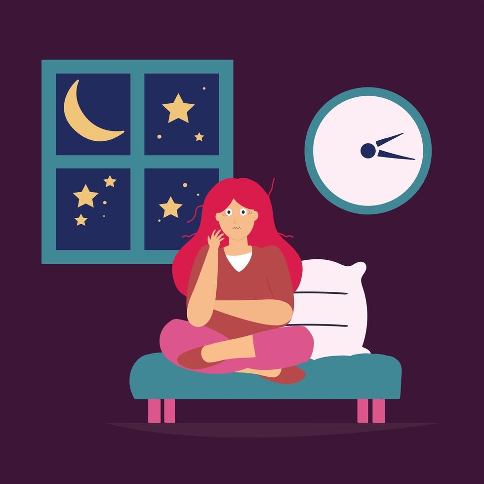 Stressed woman suffering from depression due to insomnia. Vector