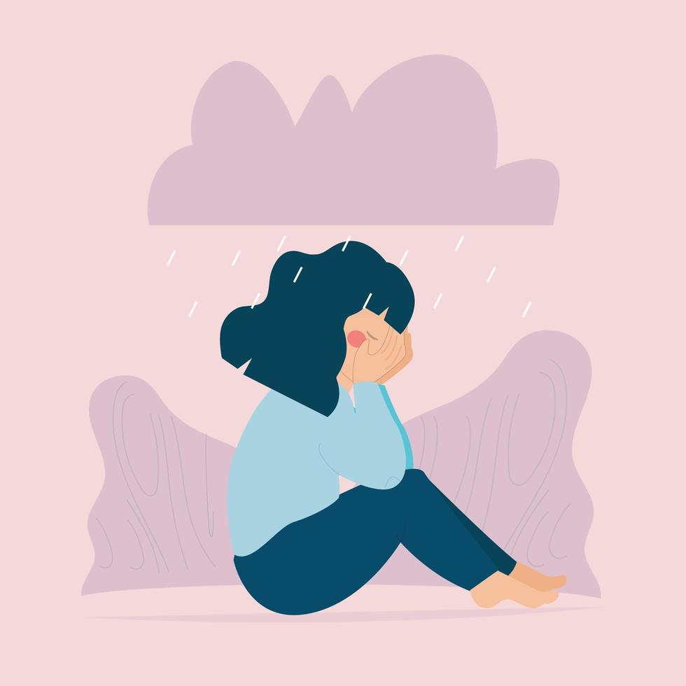 Depressed woman or girl sits, cries because of anxiety. Mental health. vector