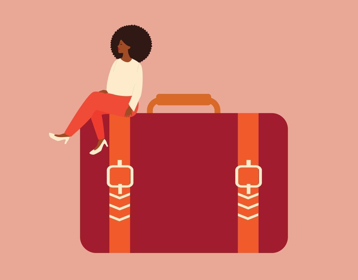 American black woman sits on a big briefcase with confidence and proud vector