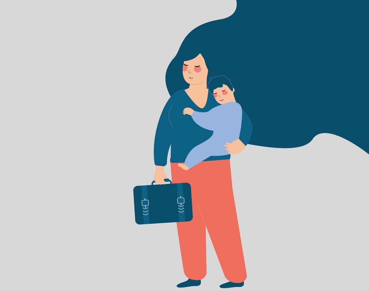 Business woman holds her child on one hand and a bag in the other one. vector