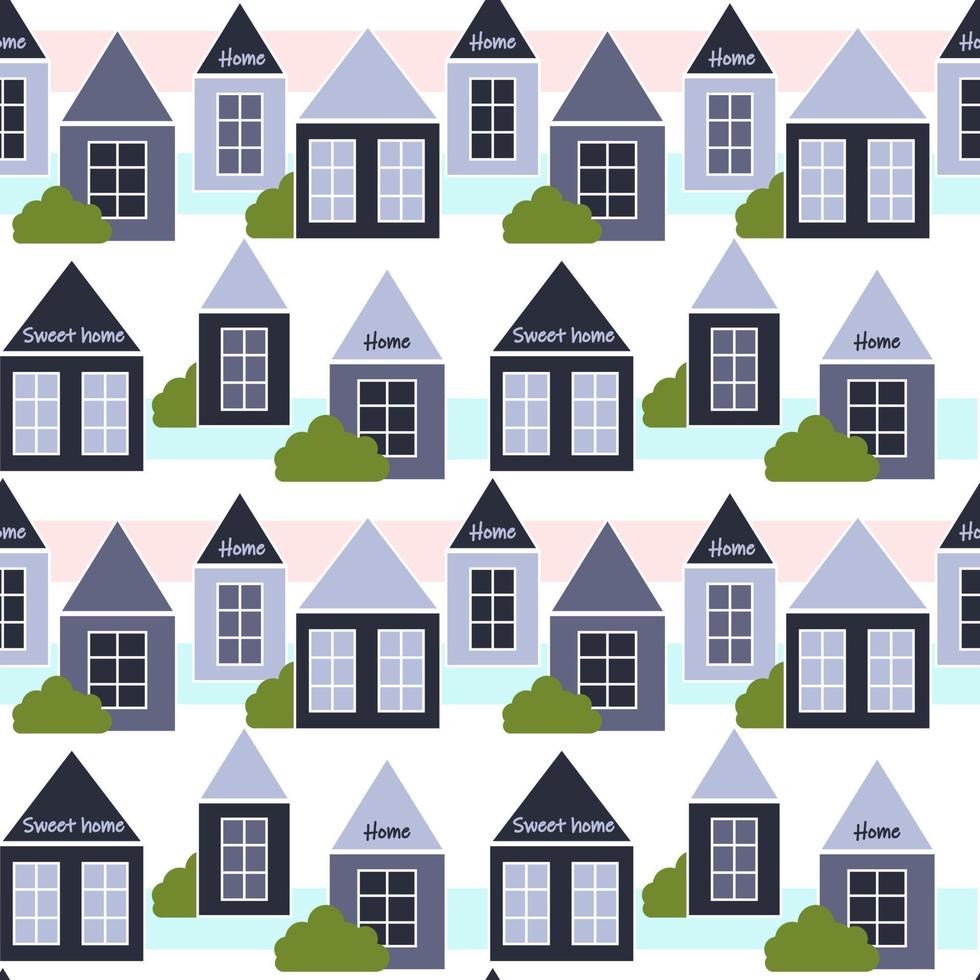 Simple houses with bushes on a striped background seamless pattern vector