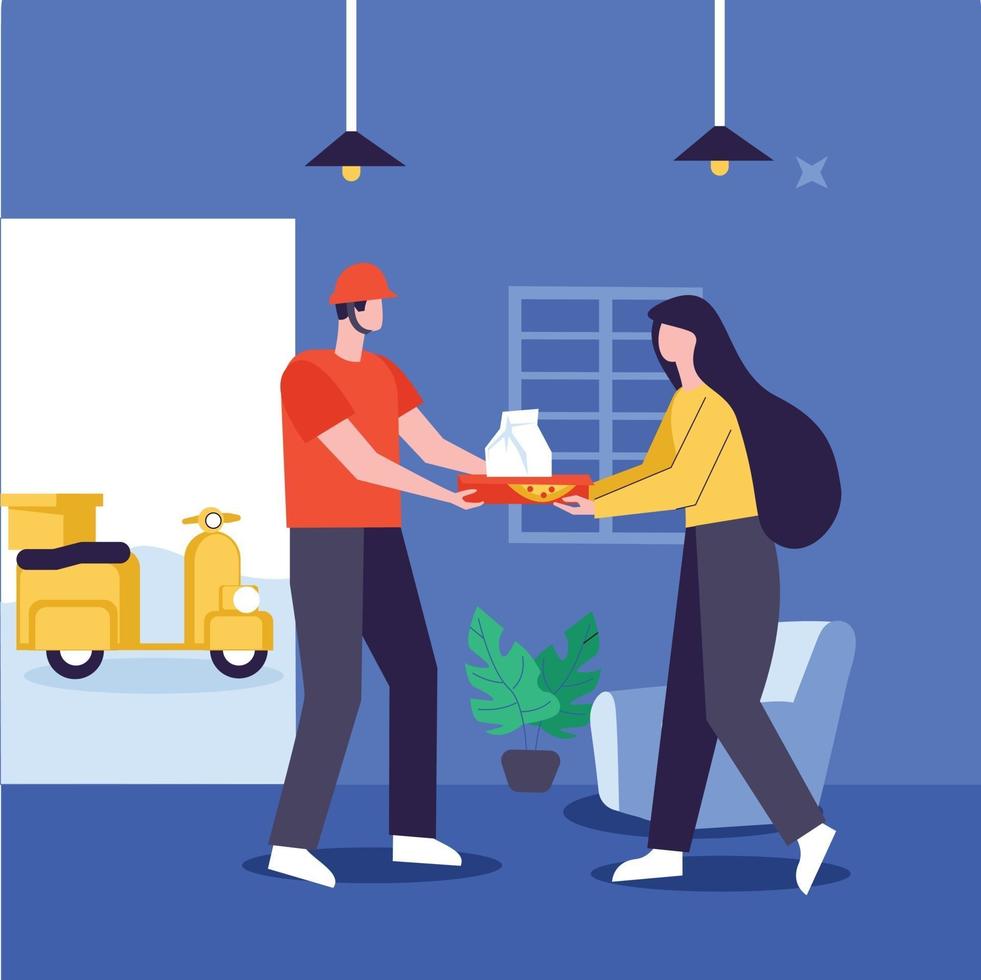 Delivery man handover delivery in customer home illustration concept vector