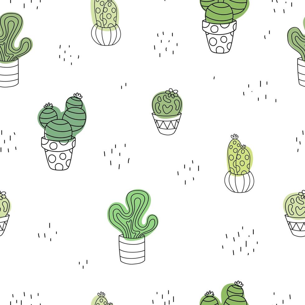 Hand drawn cute doodle cacti white seamless plant pattern Cactus vector