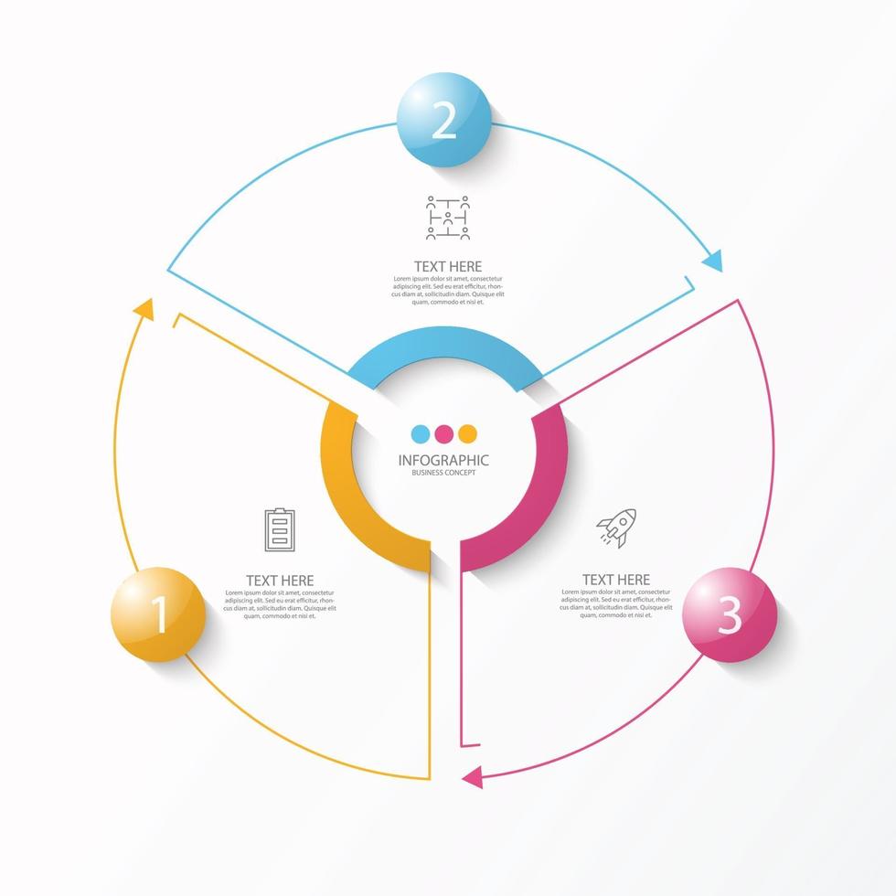 Plantilla de infografía de círculo básico con 3 pasos. vector