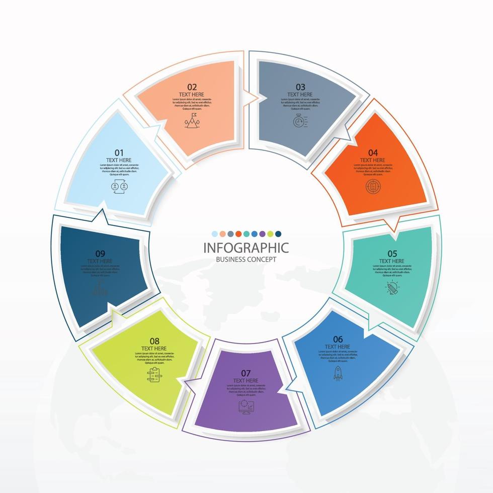 Plantilla de infografía de círculo básico con 9 pasos. vector