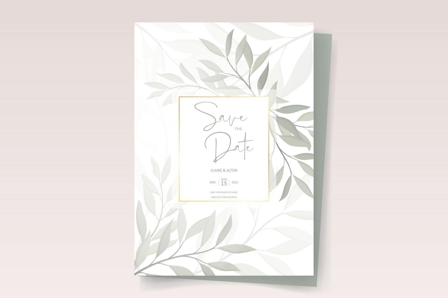 plantilla de tarjeta de invitación de boda con hermoso adorno de hoja vector