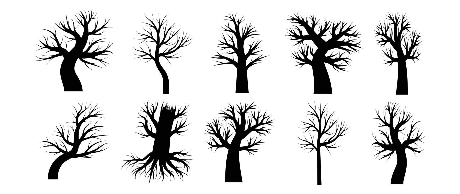 Collection of drawn silhouettes of trees without leaves and foliage. vector