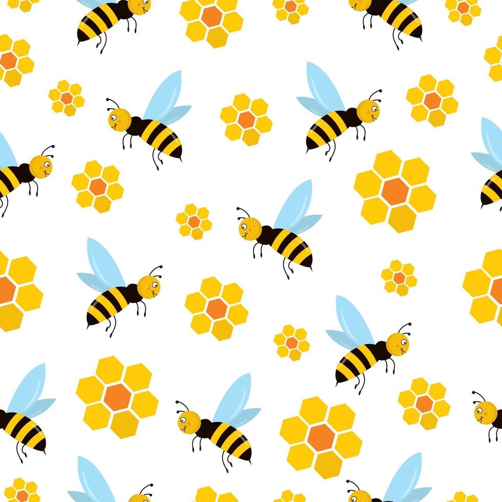 Seamless pattern with bees and yellow honeycomb vector