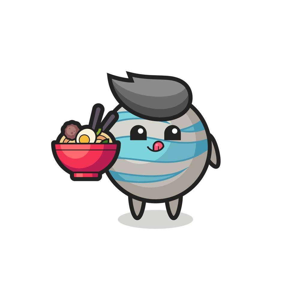 lindo personaje de planeta comiendo fideos vector