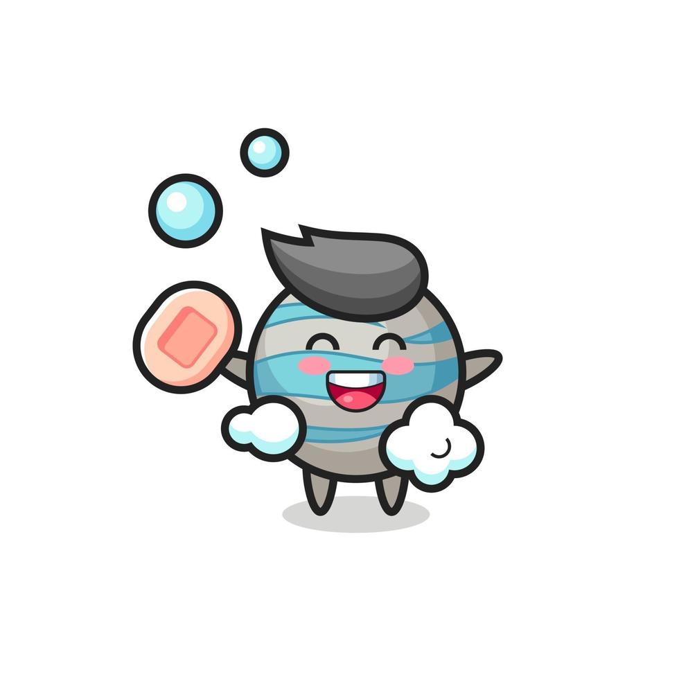 planet character is bathing while holding soap vector