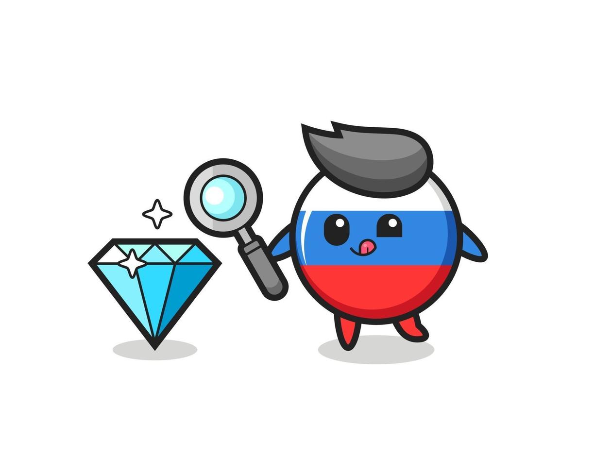 russia flag badge mascot is checking the authenticity of a diamond vector