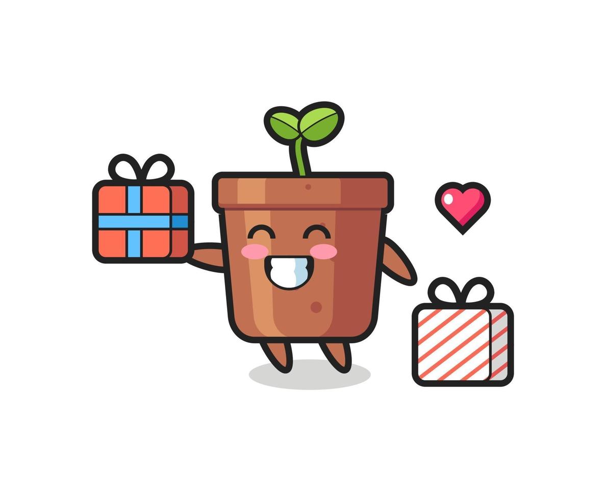 plant pot mascot cartoon giving the gift vector