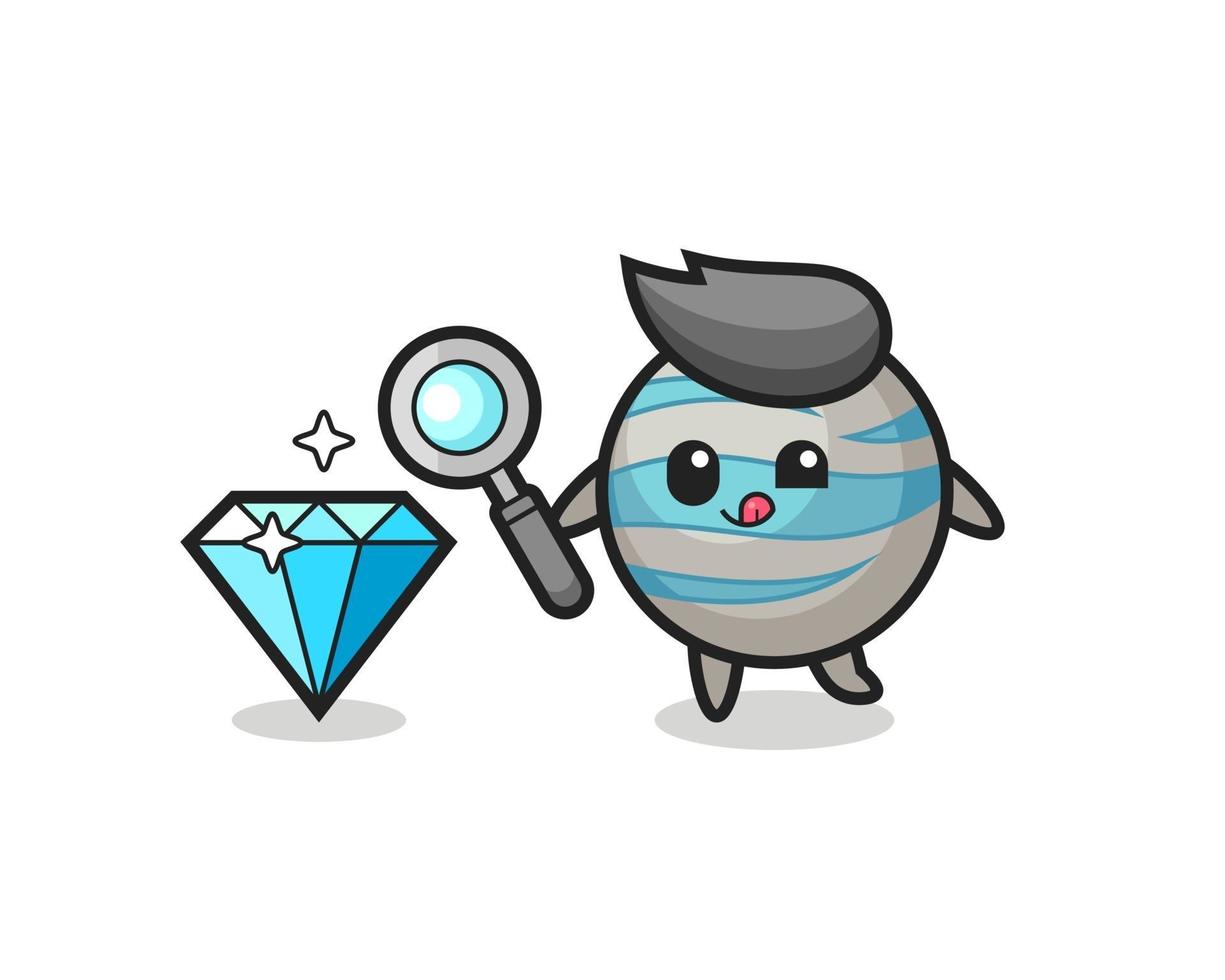 planet mascot is checking the authenticity of a diamond vector