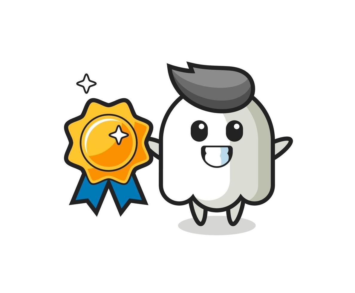 ghost mascot illustration holding a golden badge vector