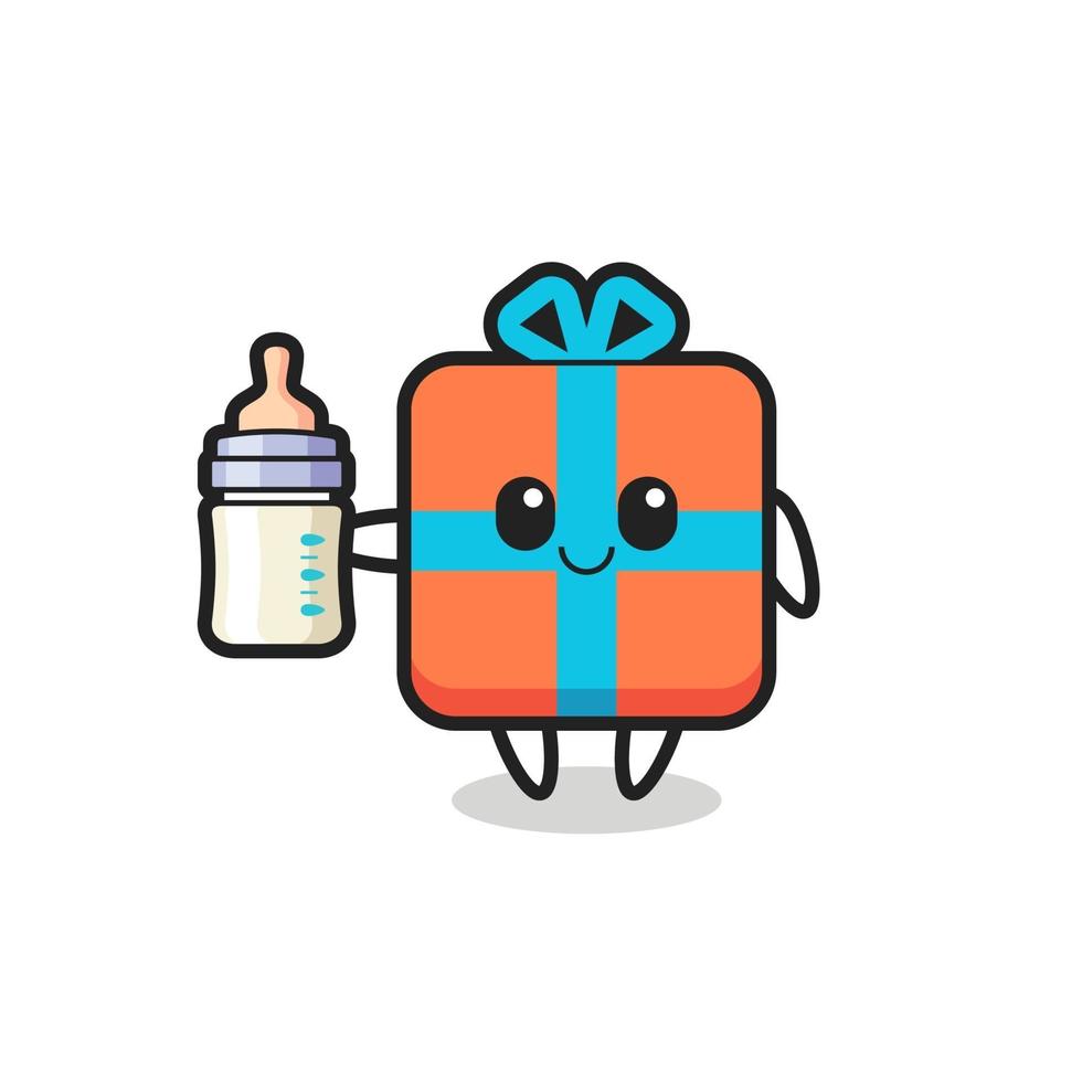 baby gift box cartoon character with milk bottle vector