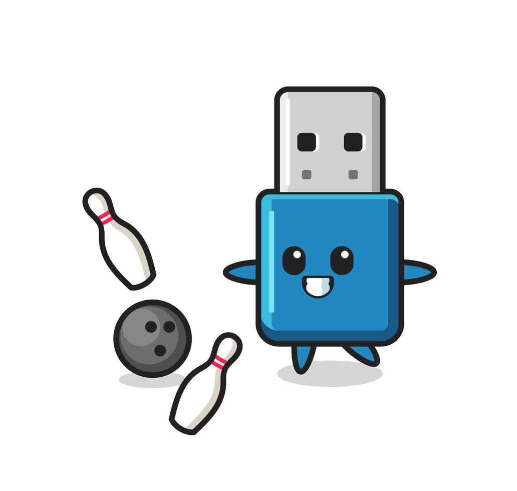 Character cartoon of flash drive usb is playing bowling vector