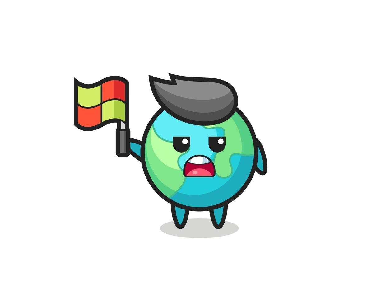 earth character as line judge putting the flag up vector