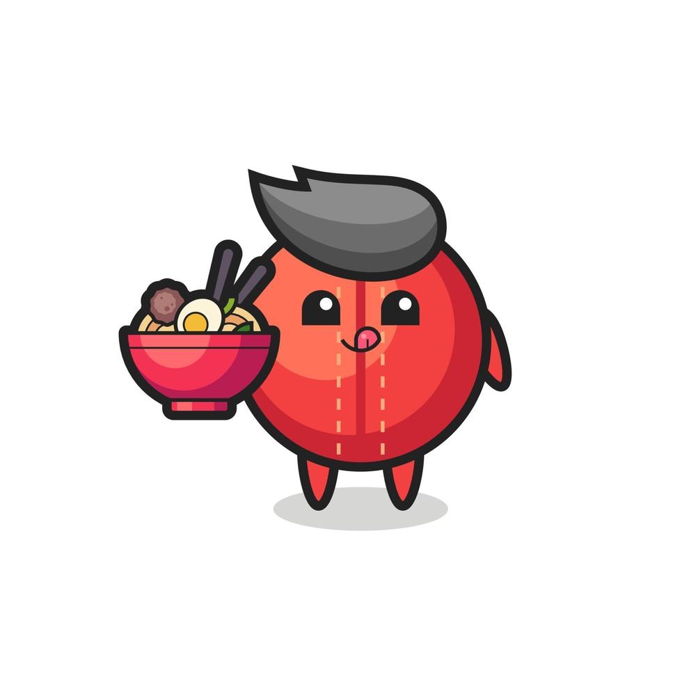 cute cricket ball character eating noodles vector