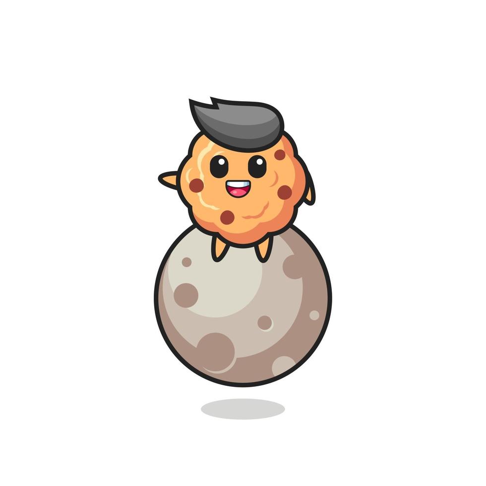illustration of chocolate chip cookie cartoon sitting on the moon vector