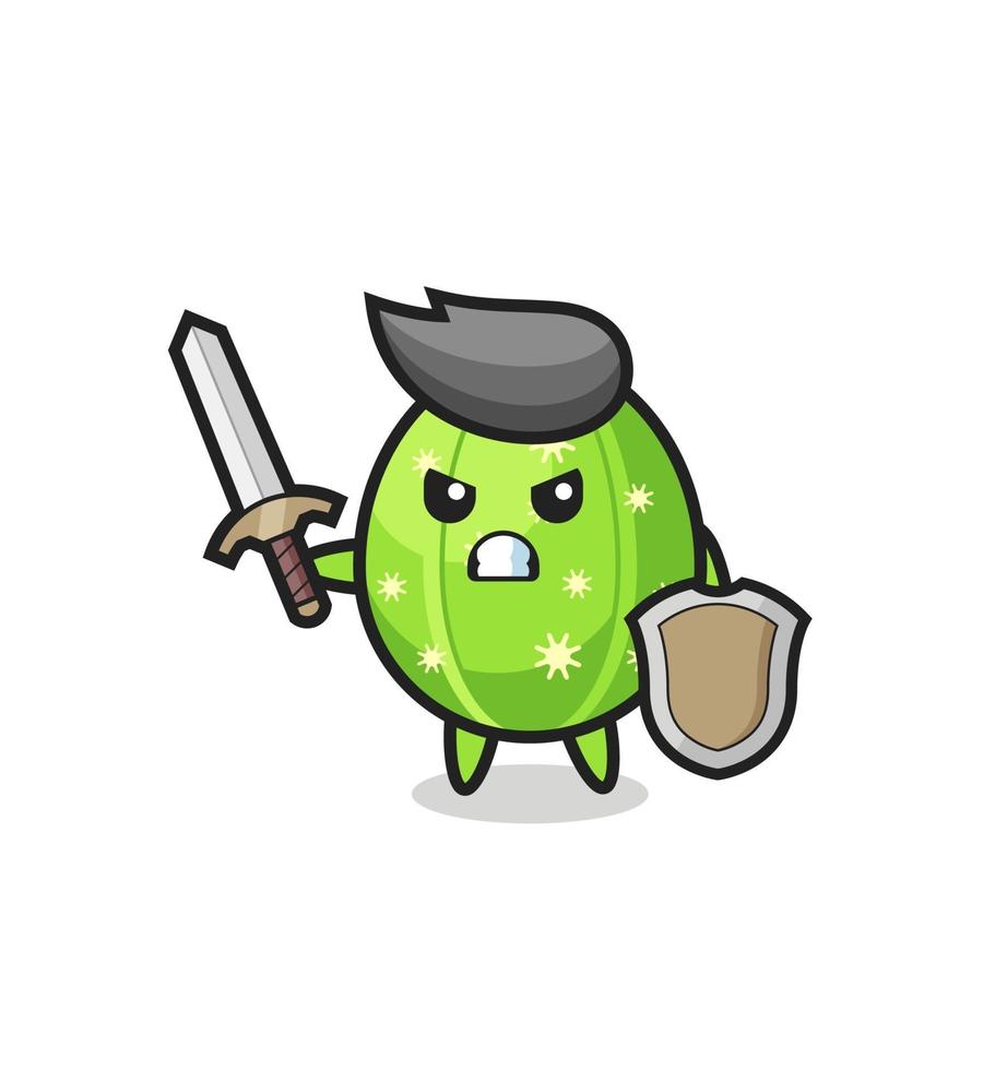 cute cactus soldier fighting with sword and shield vector