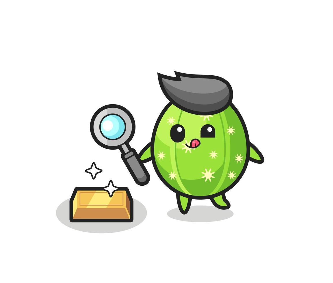 El personaje de cactus está comprobando la autenticidad de los lingotes de oro. vector