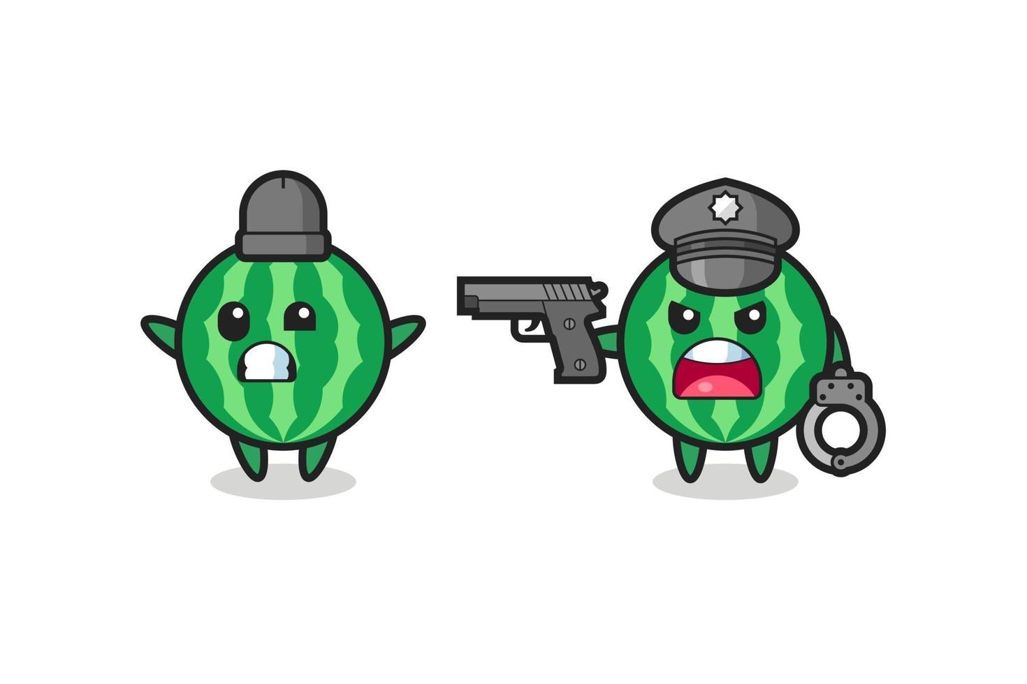 illustration of watermelon robber with hands up pose caught by police vector