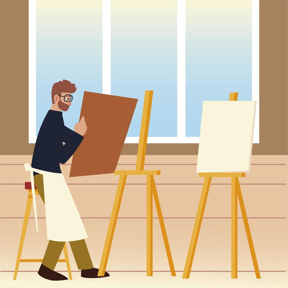cartoon man painter holding canvas sitting in studio, paint class vector
