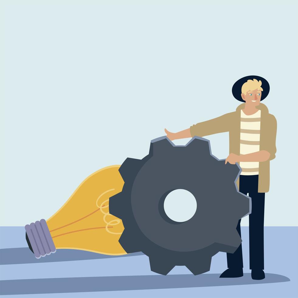 young man character with gear wheel cog vector