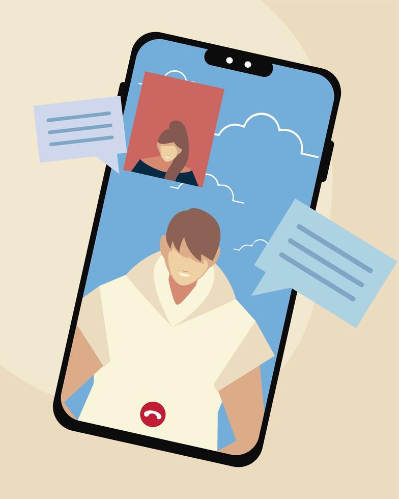 man and woman in video call mobile by internet vector