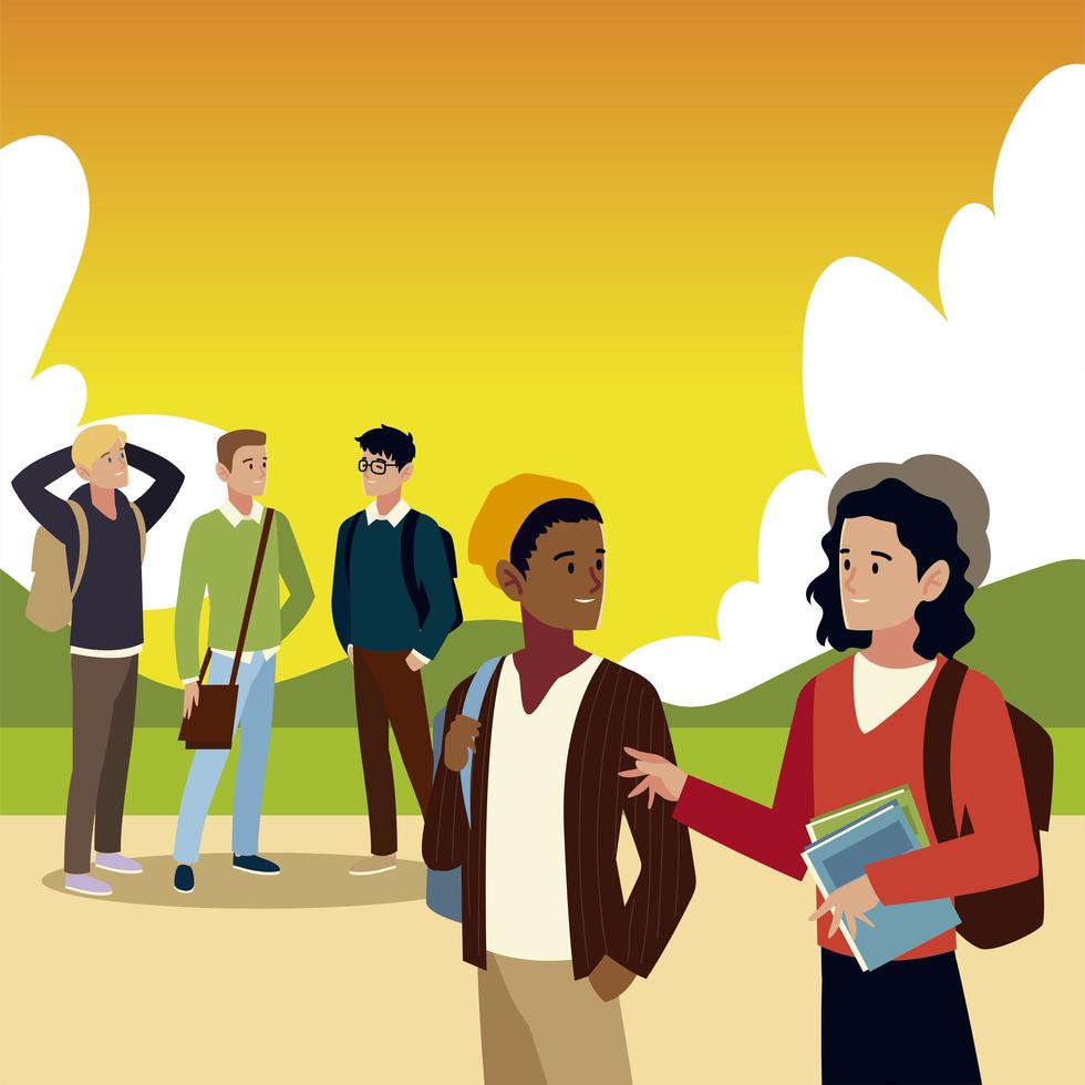 men students with books and bags in the outdoors vector