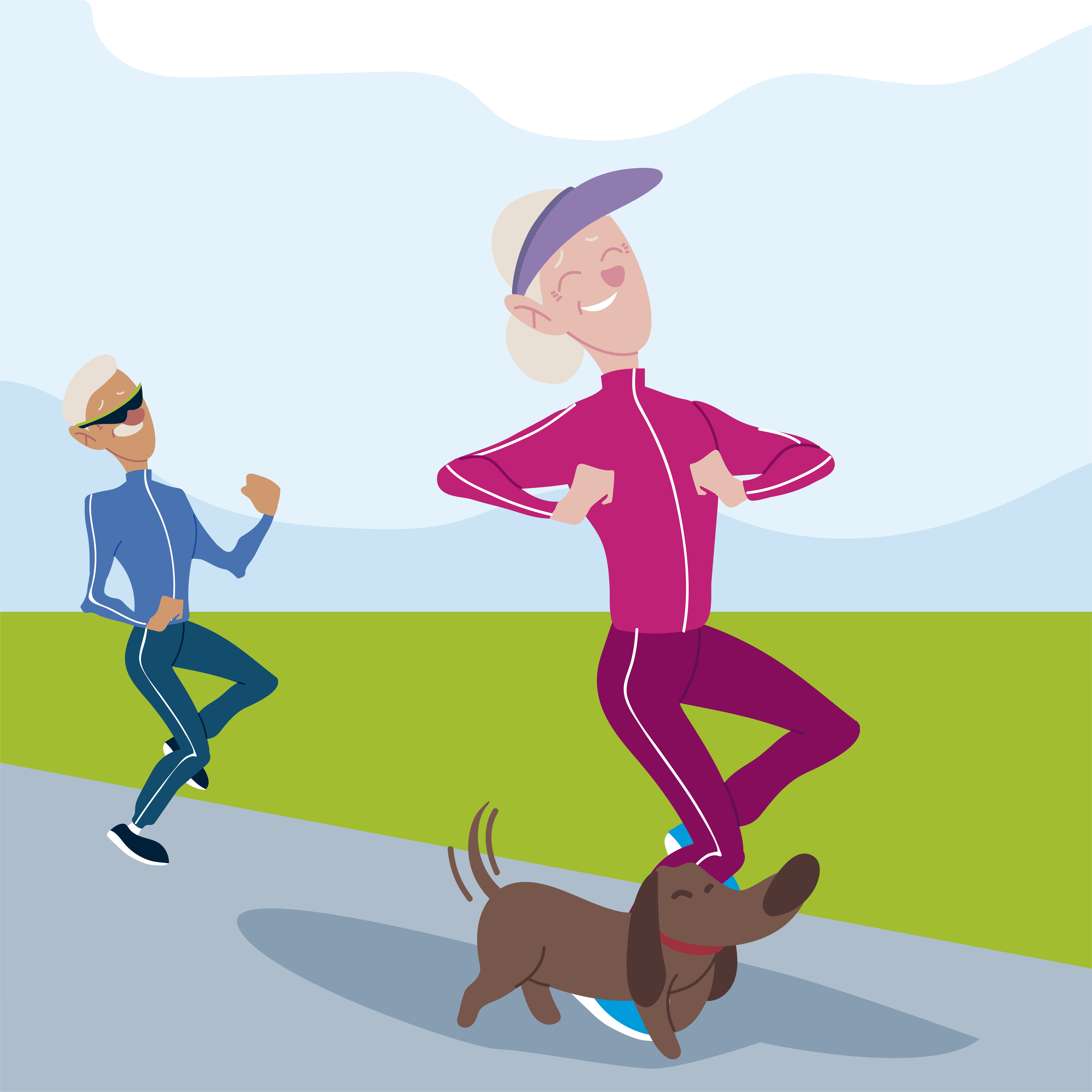 seniors active, old man and woman jogging with dog characters 3369744  Vector Art at Vecteezy