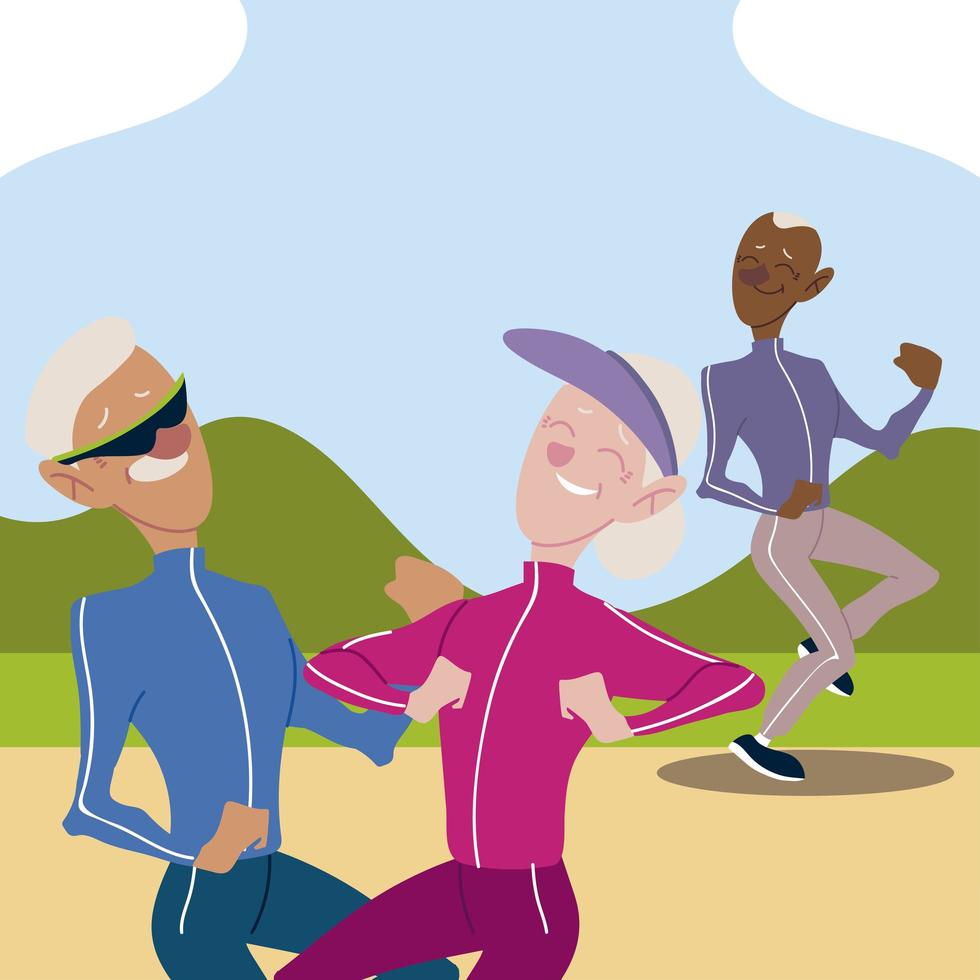 seniors active, old couple jogging and elderly man practicing exercise vector