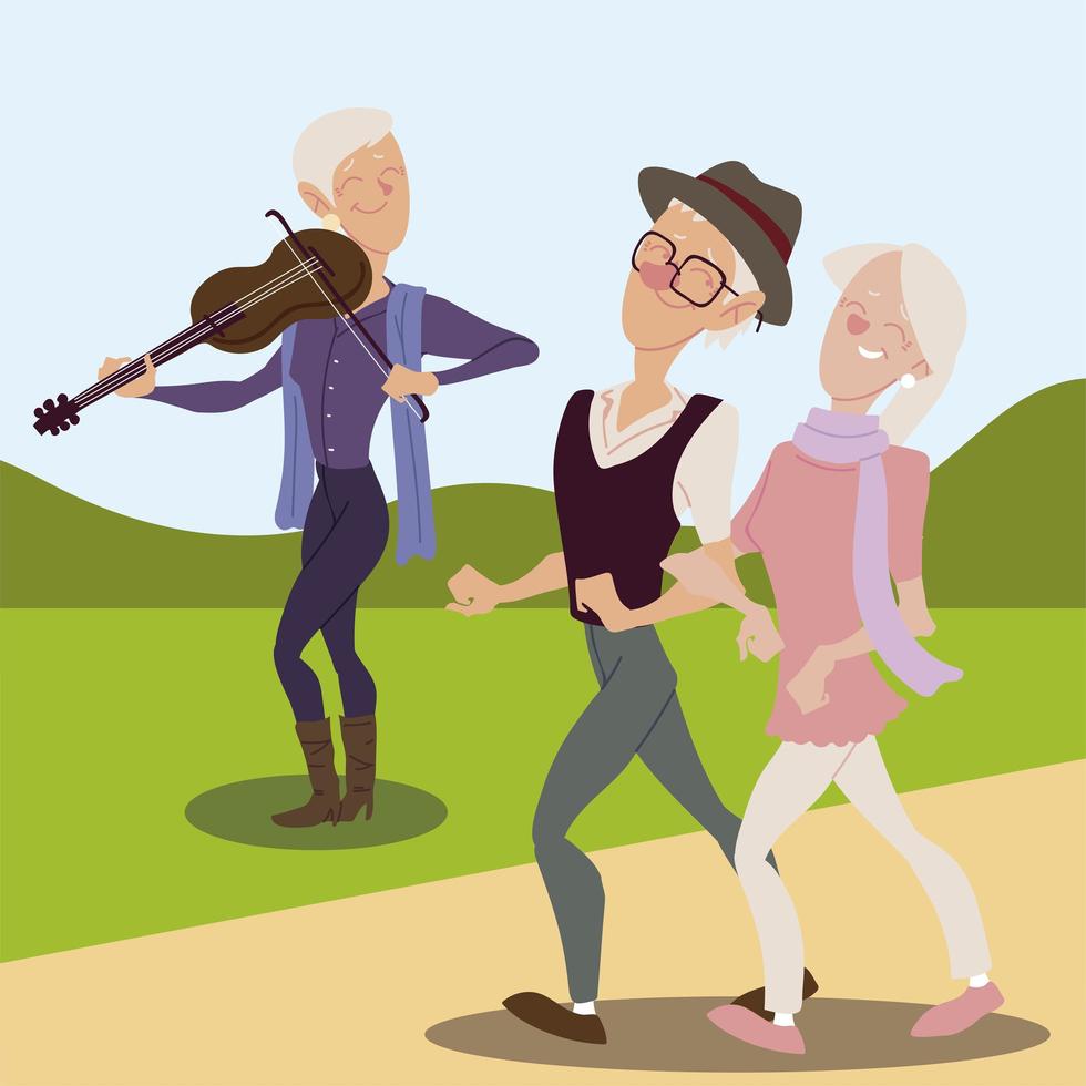 seniors active, happy old man playing violin and old couple walking vector