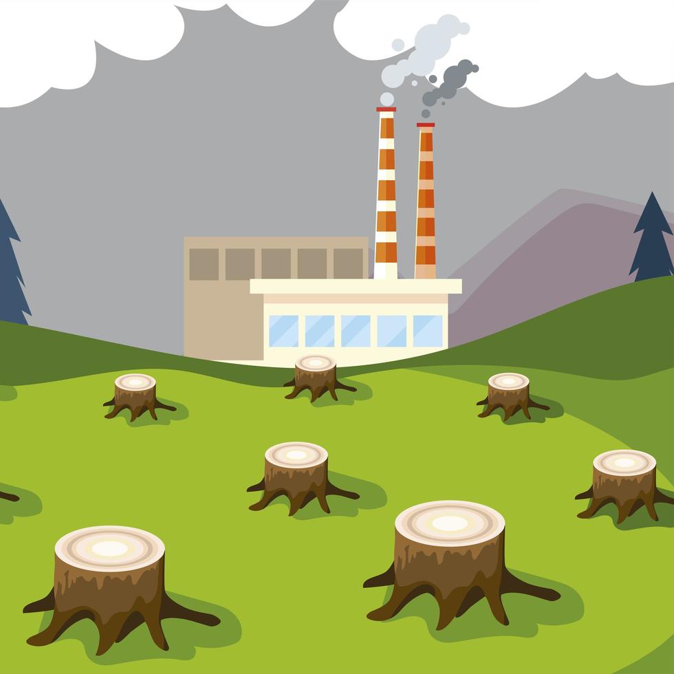 factory plant smoking towers pipes and trees felling pollution vector