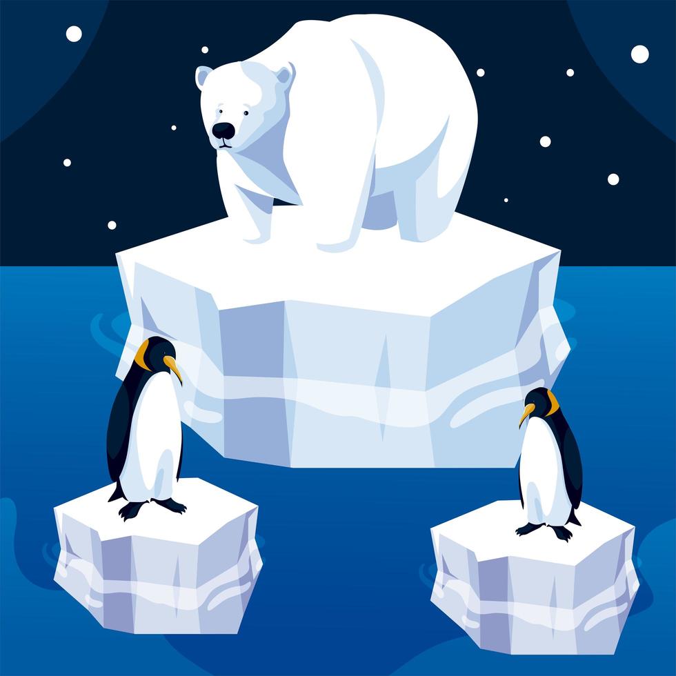 oso polar y pingüinos iceberg polo norte paisaje nocturno vector