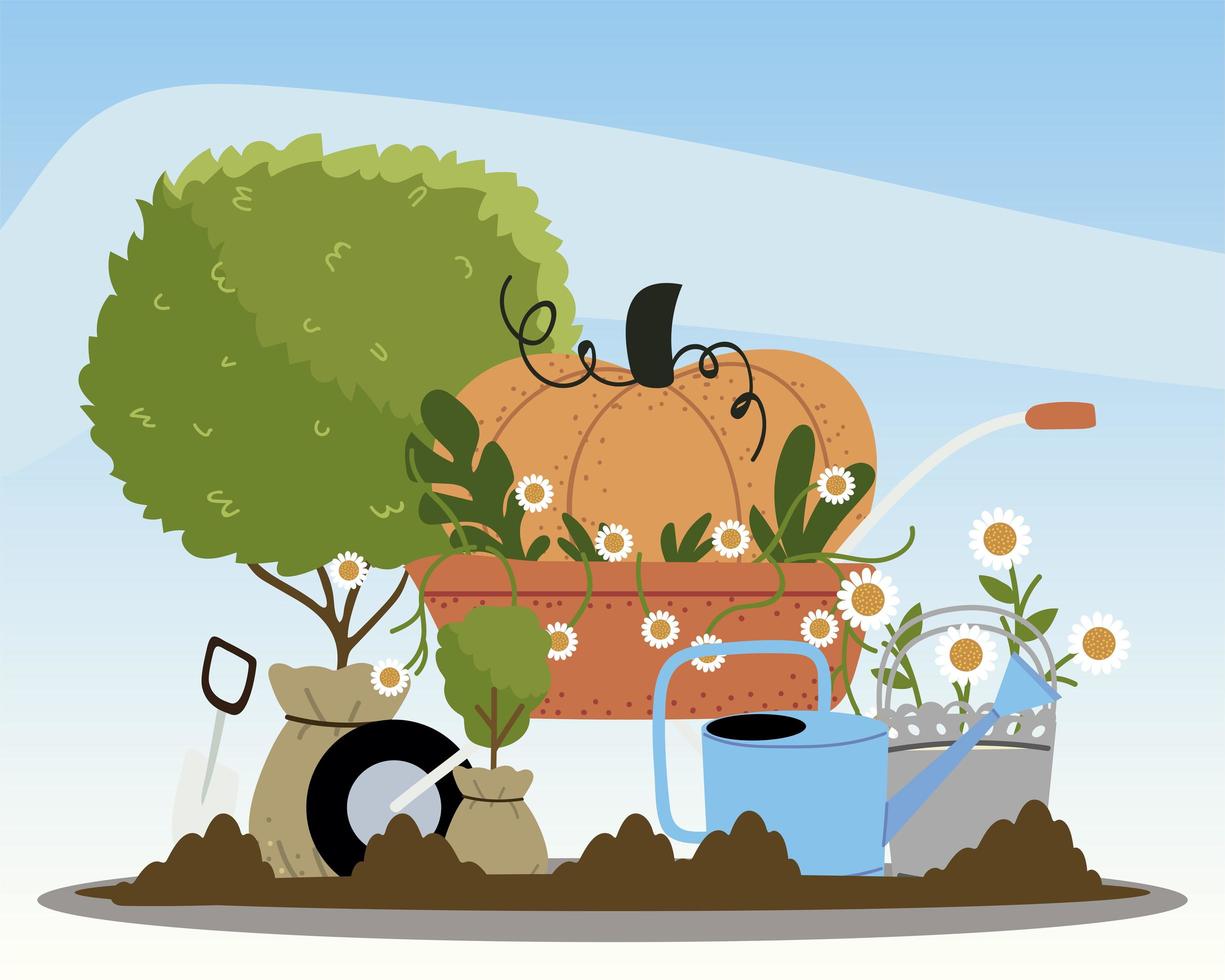 gardening, wheelbarrow watering can flowers tree trowel and ground vector