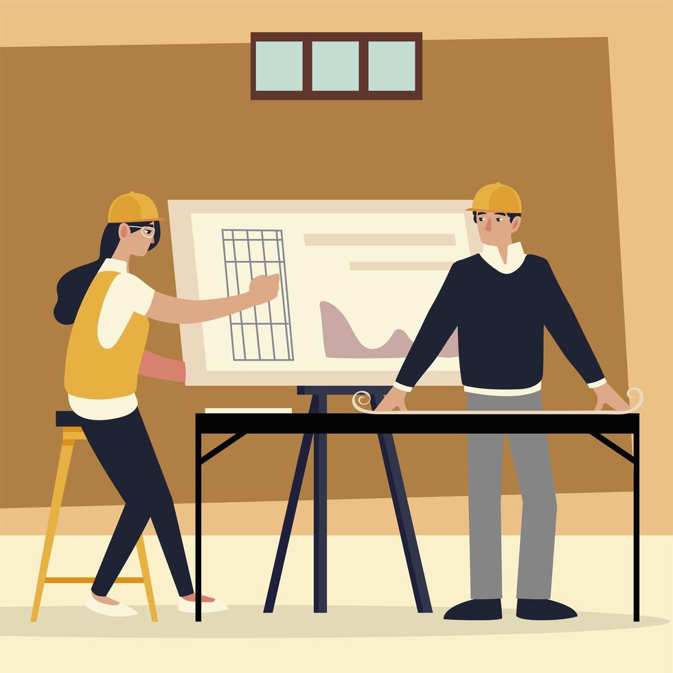 young male and female architect with blueprint on table in the office vector