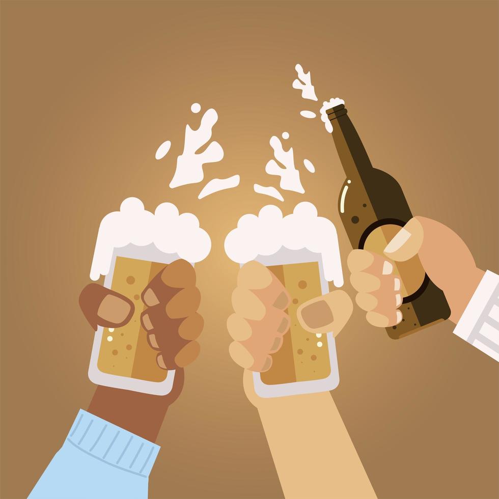 male hands with beer mugs and bottle celebrating, cheers vector