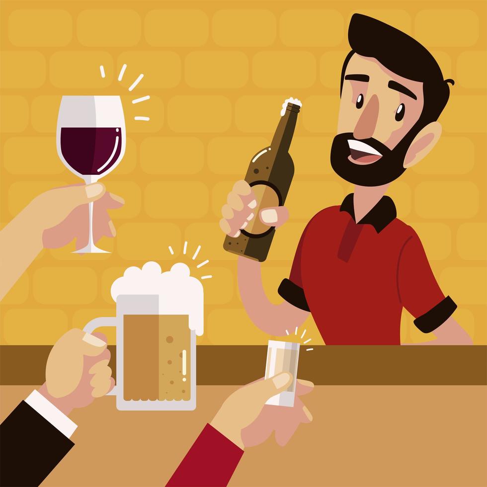 man character with bottle of beer and hands cheers with drinks vector