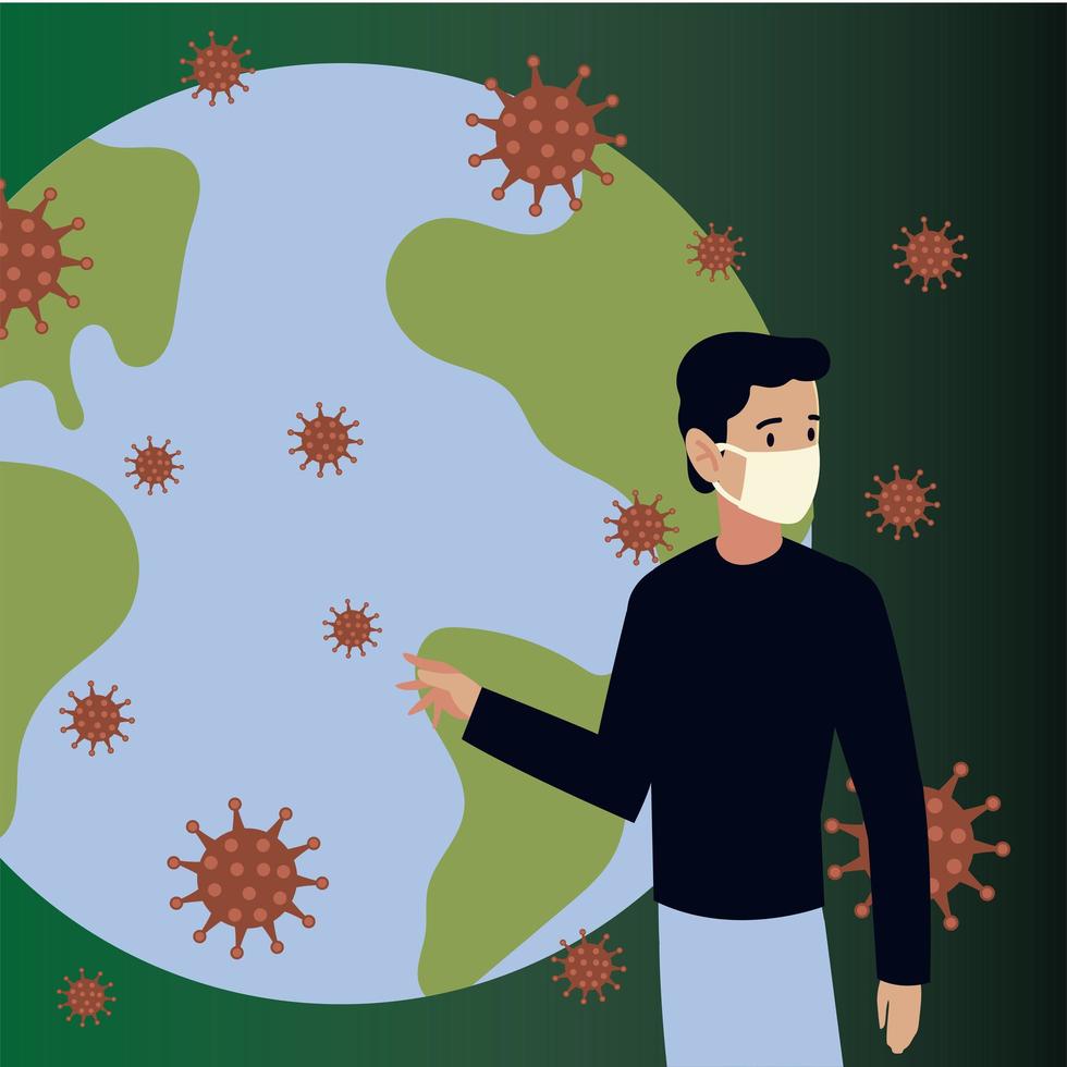 covid 19 coronavirus, man with mask and world map crisis outbreak vector