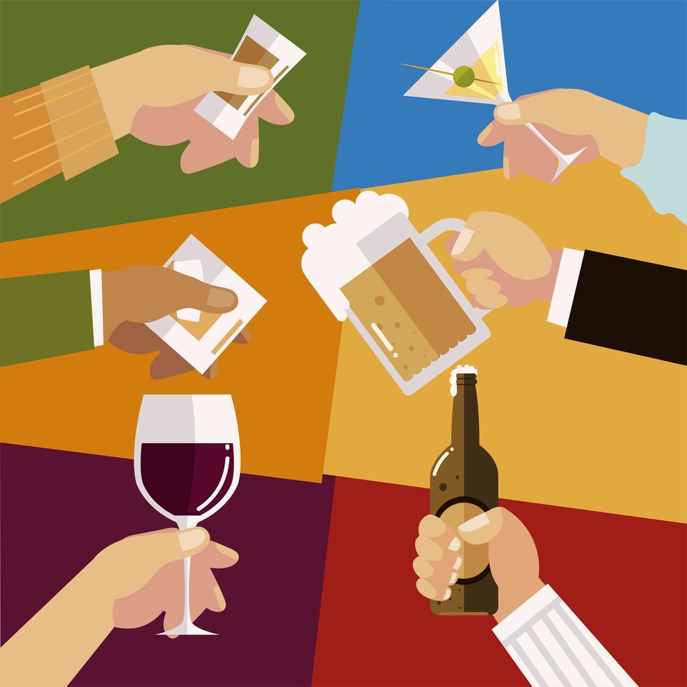 hands with different glasses liquor alcohol celebration, cheers vector