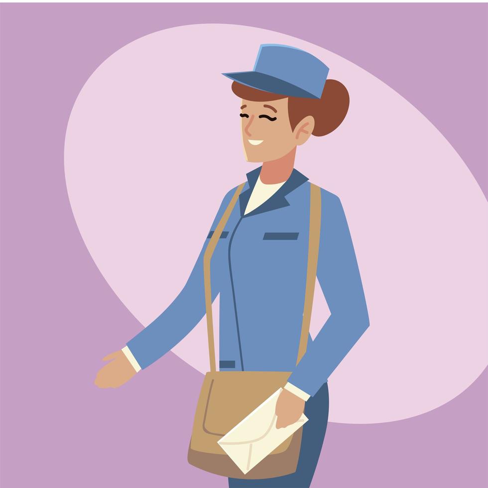 postal service female worker with bag and envelope vector