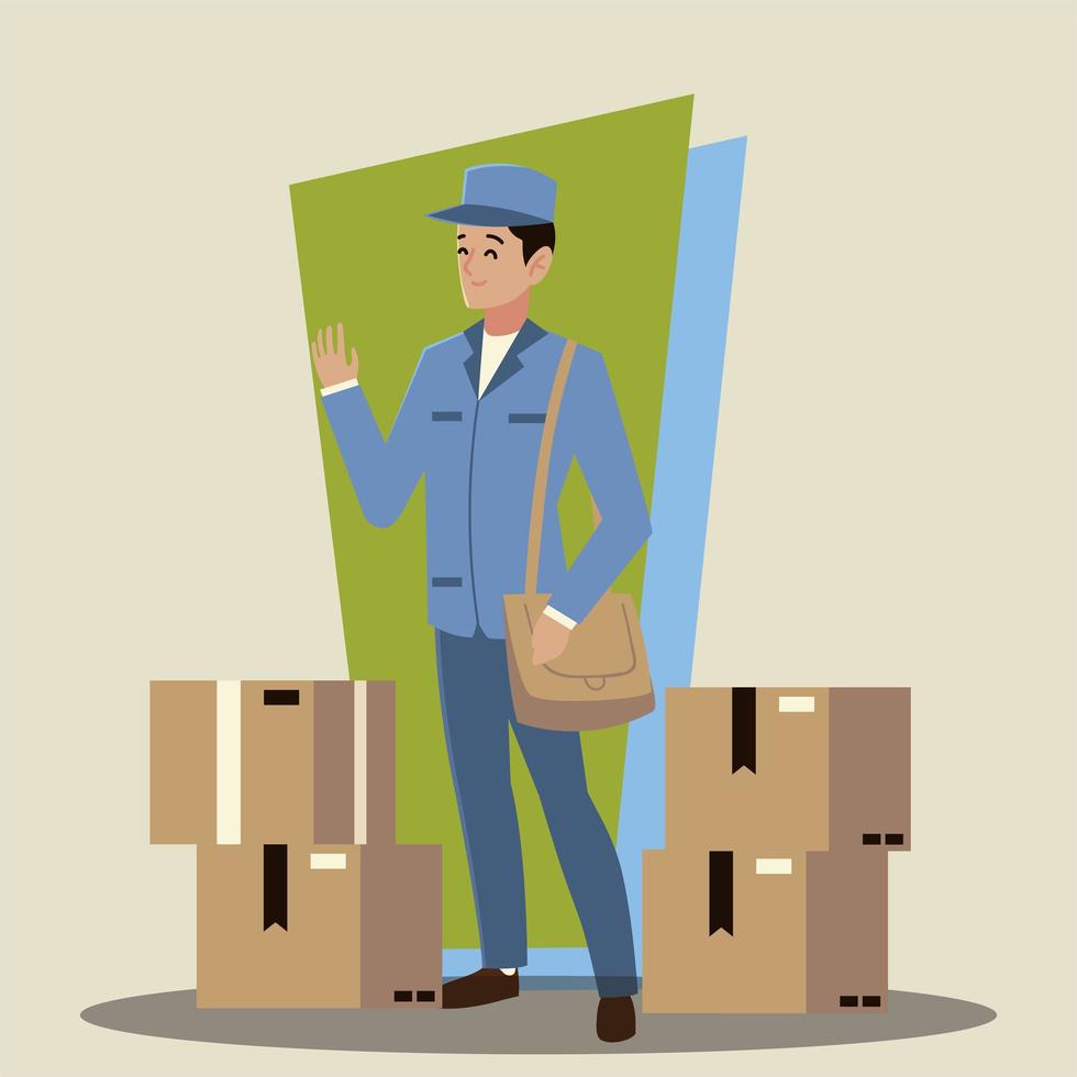 postal service postman character with bag and cardboard boxes vector