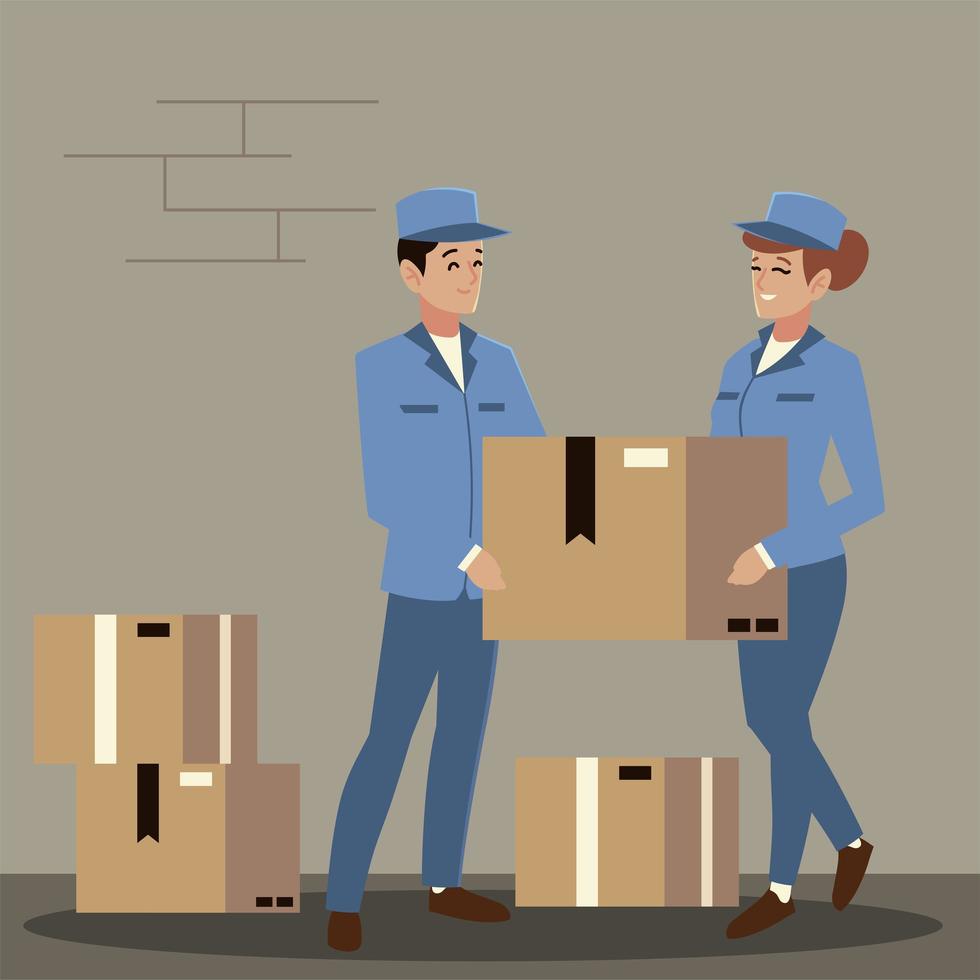 postal service postman and female workers with stack of boxes vector