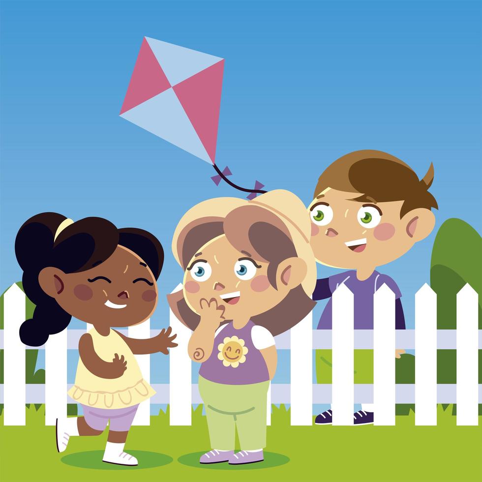 funny girls and boy with kite cartoon, children vector