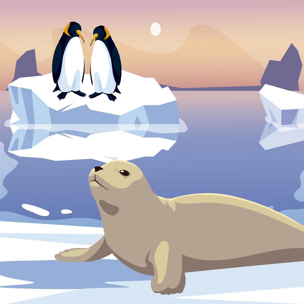 pingüinos y focas en el mar de iceberg derretido vector