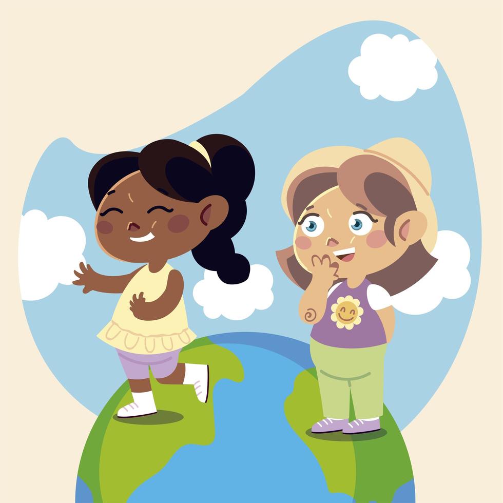 lindas niñas de pie en el planeta de dibujos animados, niños vector